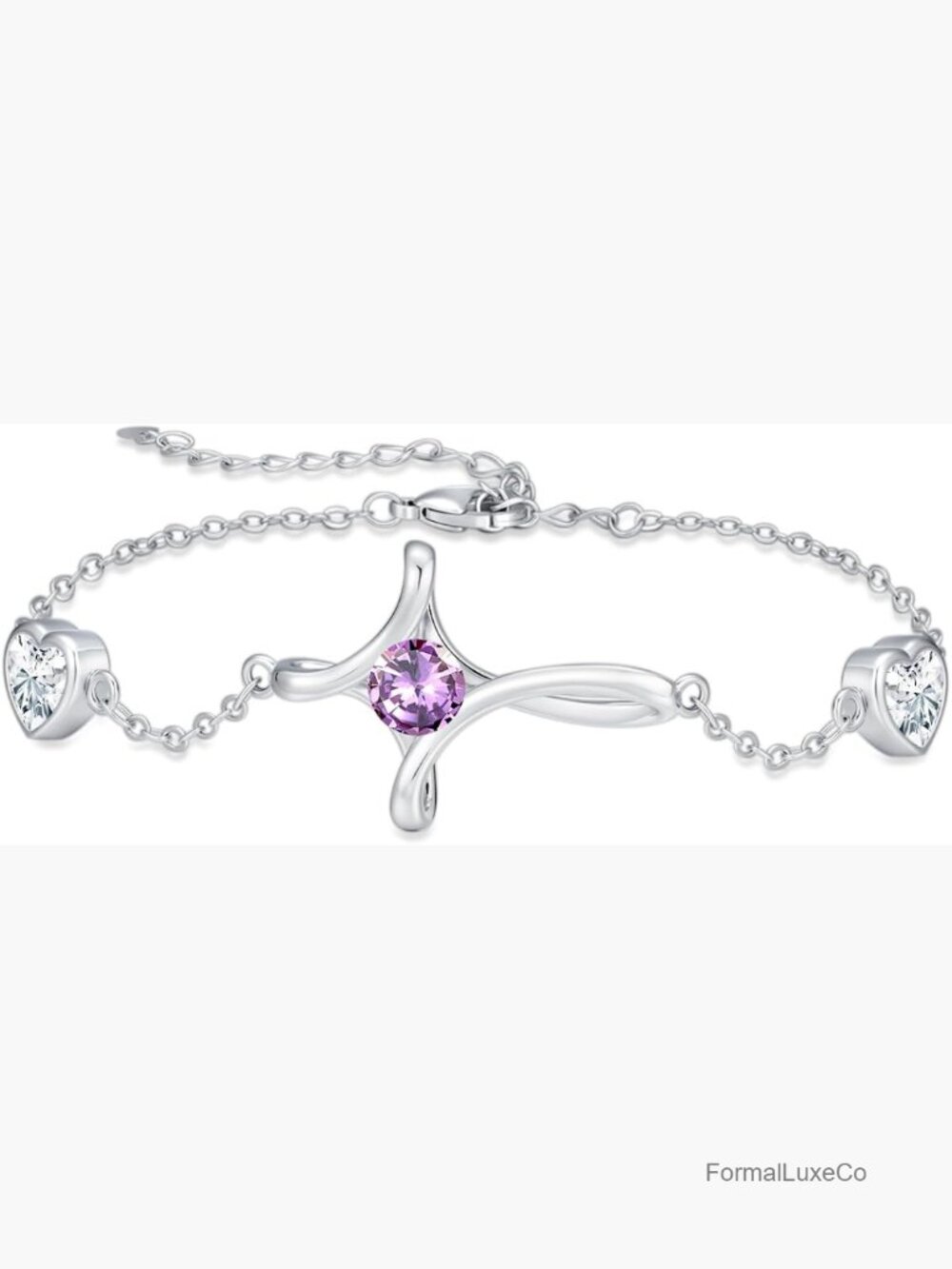14K White Gold Plated Cross Birthstone Link Bracelet Adjustable 7+2 Inches